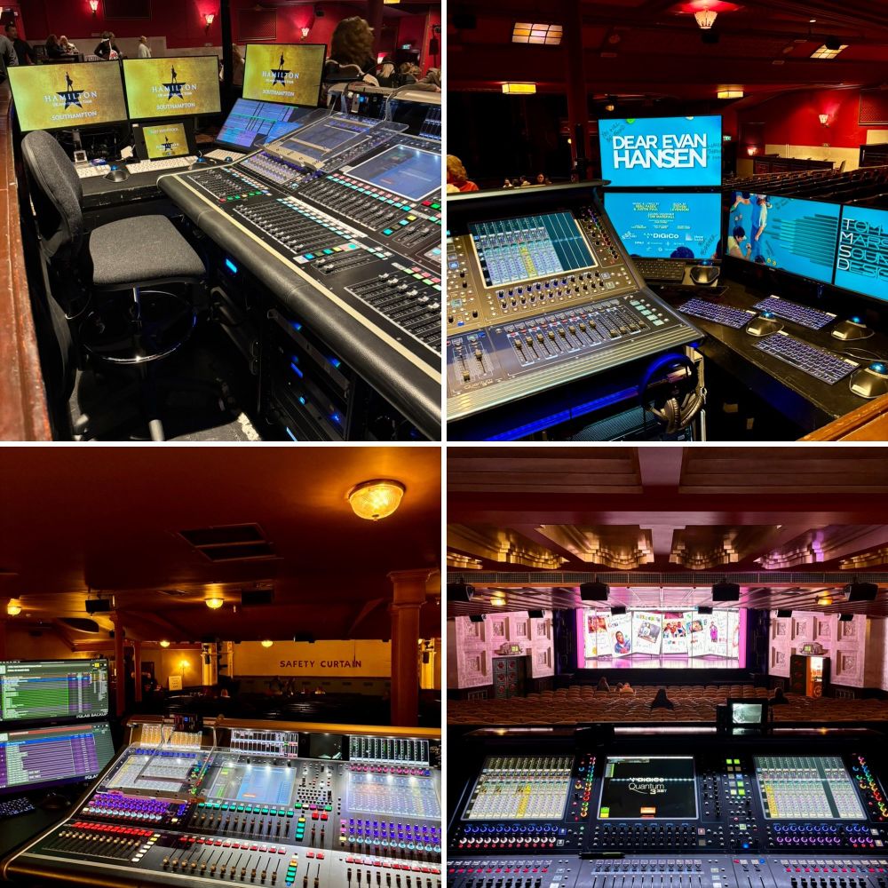 Composite of four photos of lighting/sound desks in theatres. Shows represented are Hamilton UK Tour at the Mayflower, Dear Evan Hansen UK tour at the Mayflower, Why am I so Single? at the Garrick, and Mean Girls at the Savoy. 