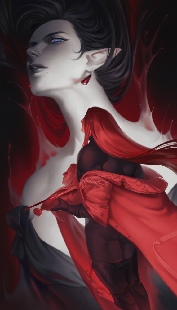 Imperial Prince of Garlemald, Zenos yae Galvus, carries a velvet cushion of his father's head as an offering of his devotion and love to the apparition of Imperial Princess, Crow wir Galvus, who looms over him with an indifferent glower. Her long, cascading hair is swept up dramatically, her pallid flesh incandescent with perfection in his mind's eye. Her ruby earrings, a gift from him, shines against her alabaster skin, striking contrast with her cold, azure eye.
His coat is worn around his arms, flowing behind him like a heavy cape. He is gazing up to her, waxing with yearning as he sacrifices his country, his own blood all to appease this illusory notion of the woman he worships.