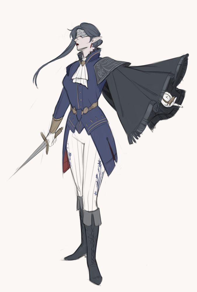 Crow, dark haired, wearing a french-esque double, tight pants and half cape combo, wielding a knife. The top half of her face is concealed under a half-mask. This is my interpretation of Crow as Duchess from Nightreign, the elden ring spinoff game.