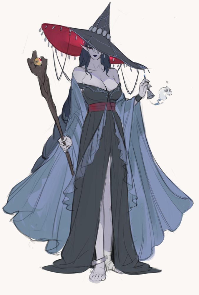 Crow, my OC, as recluse from Nightreign. She wears a charcoal gray gown split half way down the middle to reveal long legs and bare feet, adorned by a single ankle. She dons a flowing shawl of diaphanous blue fabric and wears her hair in a thick long braid. A generously brimmed hat sits atop the crown of her abundant hair as she rings a spirit calling bell. In her right hand, she wields a staff to channel her sorcery.