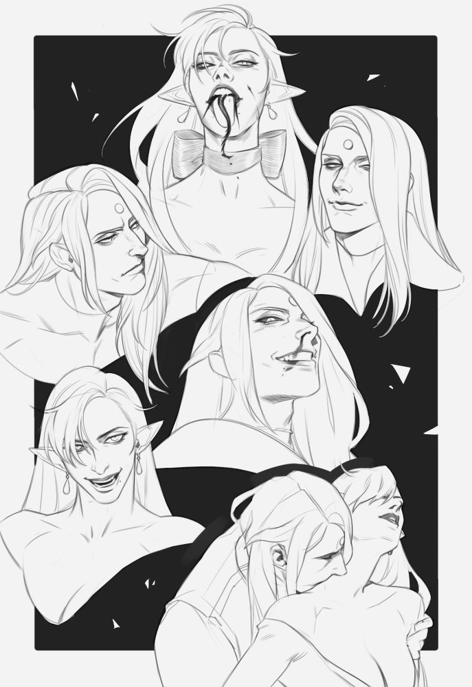 A sketched up expression sheet for two hot psychopaths, Zenos and Crow.