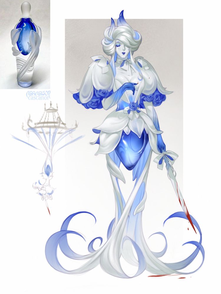 A beautiful woman donning a coif in the style of early 20th century 'Gibson Girls'. She's made from frosted glass and porcelain, her lower body is legless with a glowing blue glass core. Her puffed-up, generous sleeves are bell-like in shape, stuffed with blue roses. Strips of her skirts resembles a spider lily, entwining the base and acting as her main mode of transport. She wields a knife, bloody from some poor victim shut in her boudoir. 