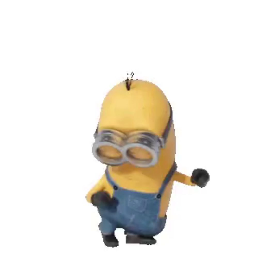 a yellow minion with goggles and overalls is dancing .