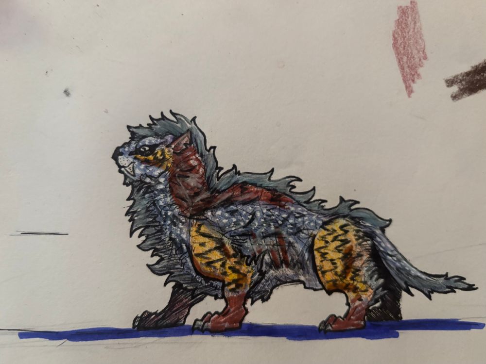 a giant sabre-toothed canine with short legs and several different patterns such as black streaks on yellow, white speckles on slate blue, and dark red brindle. 