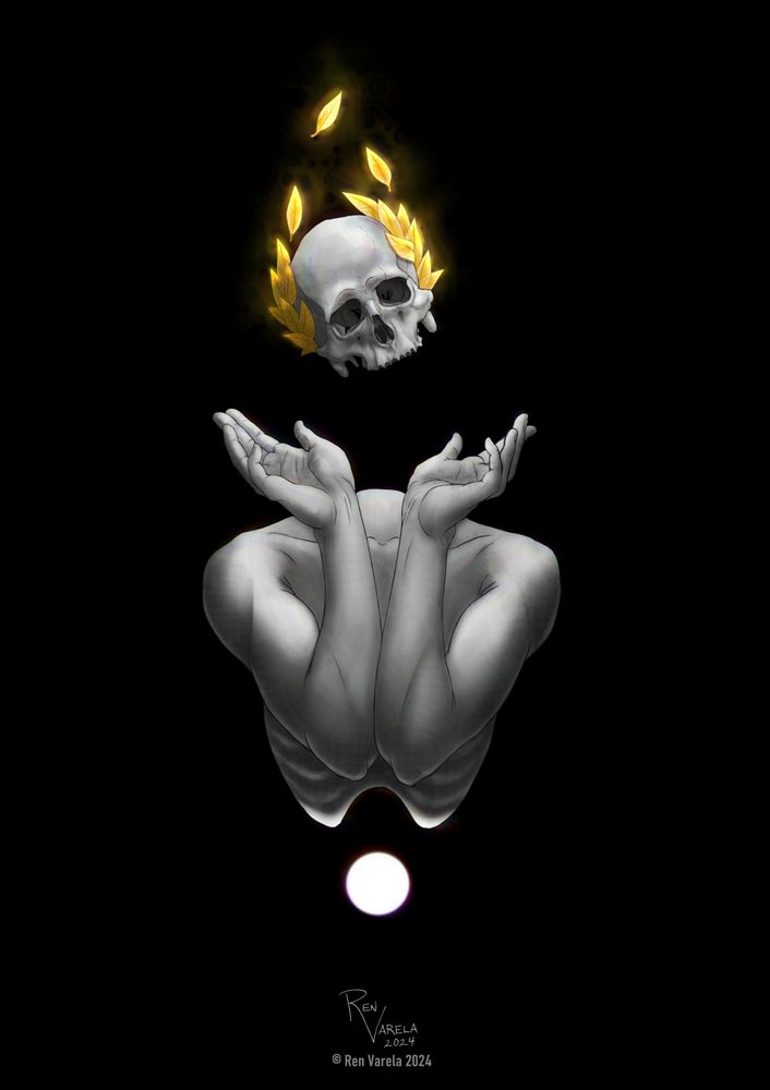 A dark, digital painting of a figure that is just a torso with arms that are shrugging and has a floating skull wearing a golden laurel. There's a glowing orb beneath the torso.