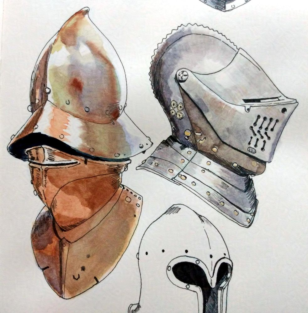 Three studies drawn in pen of armor helmets, two of which are colored with gouache paints. 