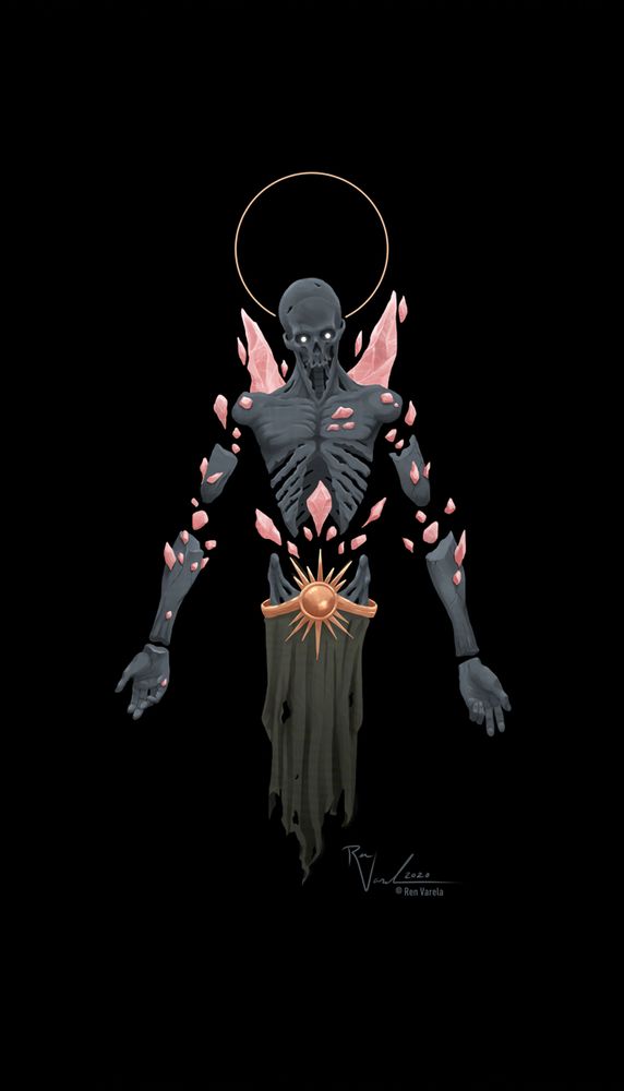 A dark art, digital painting of a haloed, skull headed figure floating in a void with arms stretched to its sides, palms facing forward, and with rose quartz protruding from its shattered, decaying body.