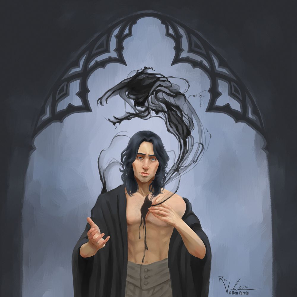 A digital painting of a male figure with long black hair, shirtless but wearing a black sort of cloak and high waisted, grey pants, standing in the middle of a sort of iron archway with his right hand outstretched to the viewer. With his left hand, he is peeling away a hole in the center of his chest to reveal an inky spirit creature coming out from it and it floats above his head.