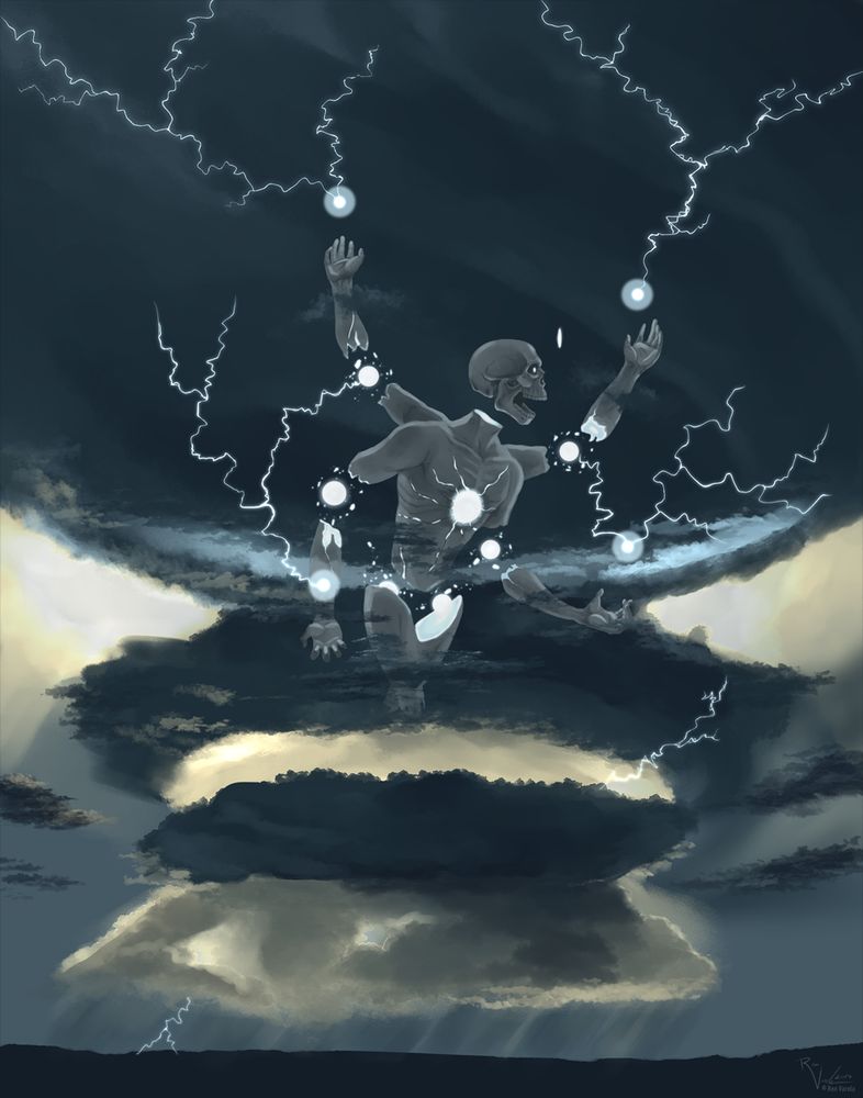 A digital painting of a giant, multi-armed, skull-headed figure in a large thunder cloud with several bolts of lighting generating from it.