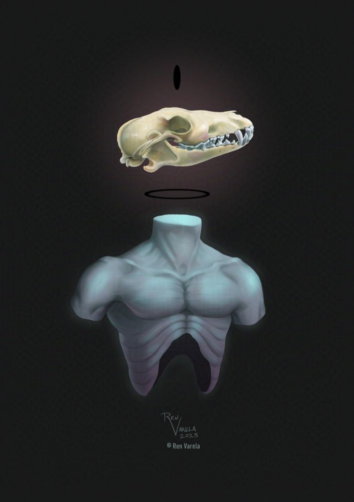 A digital painting of a jackal skull in profile view floating about a horizontal, black halo, both floating above the neck of a dismembered, semi-human, teal torso. All is painted on a black back drop.