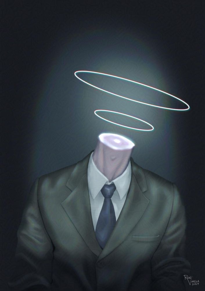 A dark art digital painting of portrait of a headless figure in a suit and tie with two glowing halos of different sizes floating where the head would be.