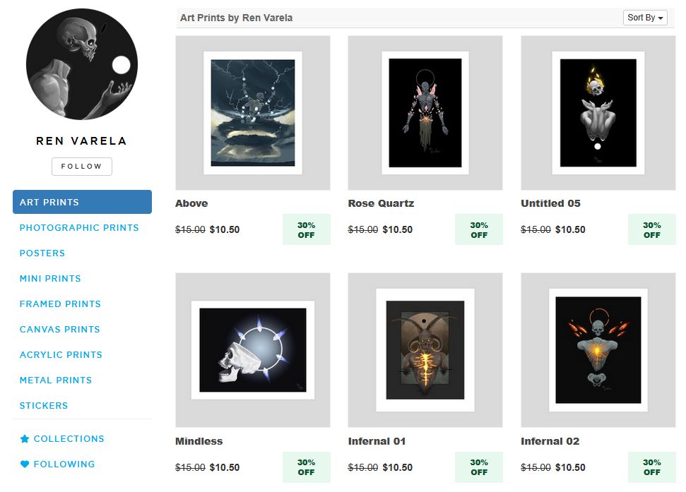 A screen capture of a print shop page featuring various art pieces available for purchase as various sized art prints.