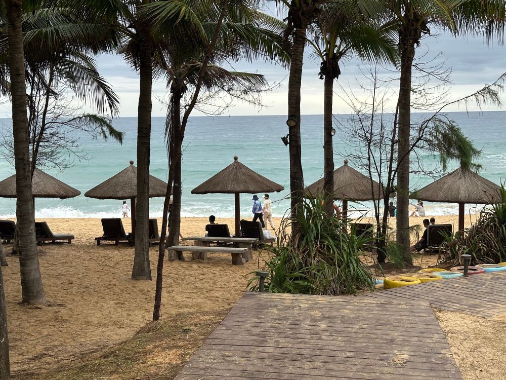 Beach benches on a shore on a cloudy day 