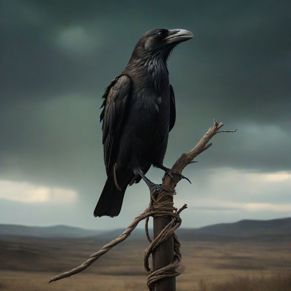 Das Bild zeigt einen Raben, der auf einem Ast sitzt, der an einem Pfahl befestigt ist. Der Hintergrund ist eine düstere Landschaft mit einem bewölkten Himmel, was eine mystische und etwas unheimliche Atmosphäre schafft. Der Rabe ist detailliert dargestellt, mit glänzendem schwarzen Gefieder und einem markanten Schnabel. Die Szene ist interessant, weil sie eine starke visuelle Wirkung hat und oft mit Symbolik und Bedeutungen in verschiedenen Kulturen verbunden ist, wie zum Beispiel Weisheit, Tod oder Omen.