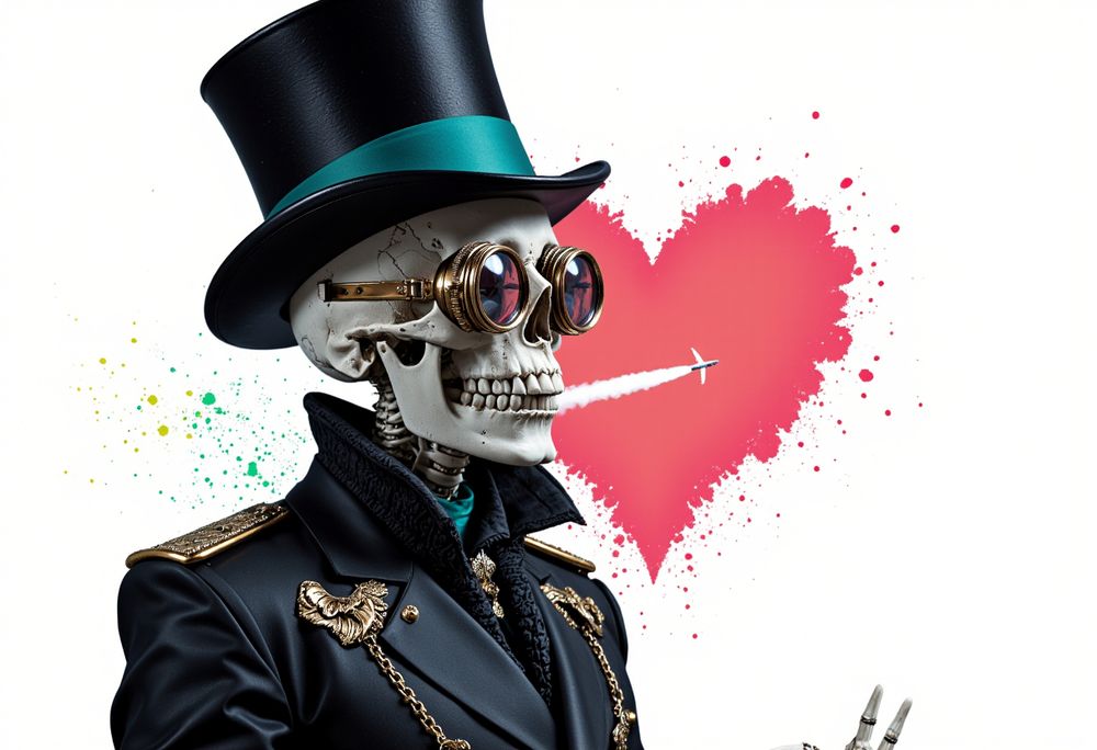 The image depicts a skeleton dressed in a formal, elaborate outfit. The skeleton is wearing a black top hat with a teal band, round steampunk-style goggles, and a black coat adorned with gold epaulets and chains. The background features a large red heart with splattered edges, and a small airplane is flying across the heart, leaving a white contrail that appears to be coming from the skeleton's mouth. The image combines elements of steampunk fashion, skeletal imagery, and a whimsical, romantic theme, making it visually striking and unique.
CHECK OUT THIS FASCINATING AI-GENERATED IMAGE OF A SKELETON WITH STEAMPUNK FLAIR! #AIGenerated #DigitalArt #SteampunkStyle #TechArt #InnovativeDesign
