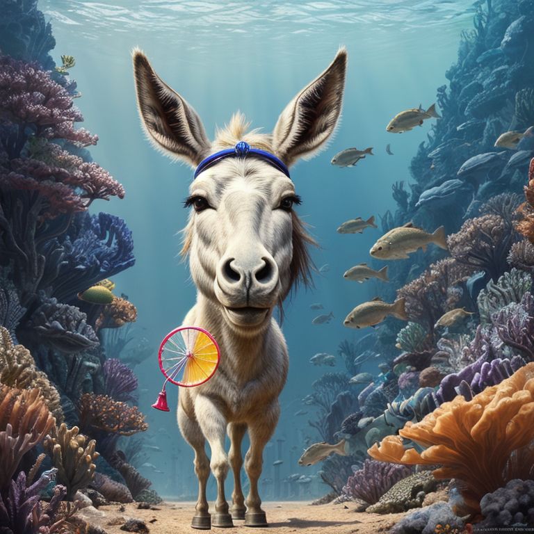 The image shows a donkey standing underwater, surrounded by colorful coral reefs and fish. The donkey is wearing a headband and has a small, colorful wheel hanging from its neck. This image humorously illustrates a potential misunderstanding by an AI image generator when interpreting the term "seahorse."

Das Bild zeigt einen Esel, der unter Wasser steht, umgeben von bunten Korallenriffen und Fischen. Der Esel trägt ein Stirnband und ein kleines, buntes Rad hängt an seinem Hals. Dieses Bild veranschaulicht auf humorvolle Weise ein potenzielles Missverständnis eines KI-Bildgenerators bei der Interpretation des Begriffs „Seepferdchen“.

L'image montre un âne sous l'eau, entouré de récifs coralliens et de poissons colorés. L'âne porte un bandeau et une petite roue colorée pend à son cou. Cette image illustre de manière humoristique une erreur potentielle d'interprétation du terme « hippocampe » par un générateur d'images d'IA.