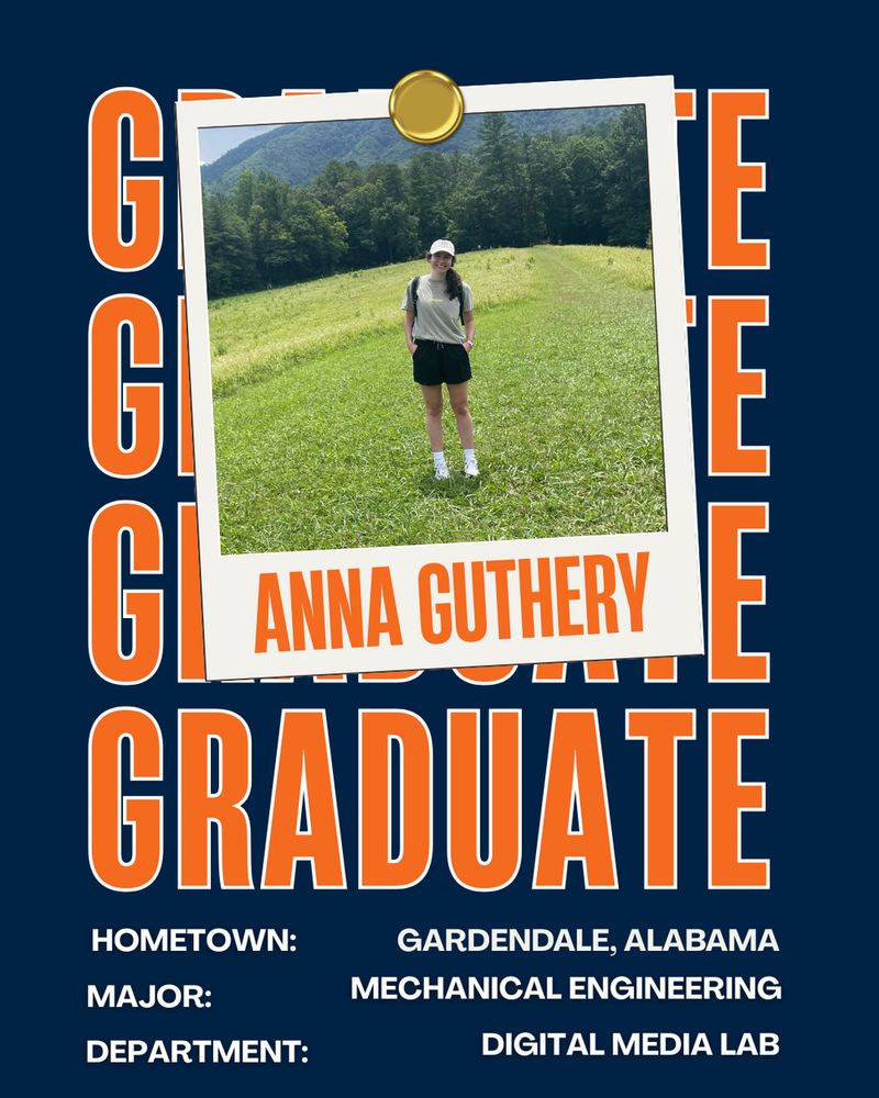 A congratulatory graduation post for Anna Guthery. The background is navy and the word graduate is duplicated several times in orange. There is a photo of Anna standing in a grassy field with a forest behind her. She is wearing a hat, tan shirt, black shorts and white tennis shoes. Anna also has a backpack on.

