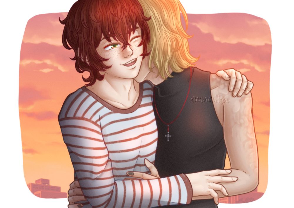 Fanart of Matt and Mello from Death Note. They're hugging sideways — Mello has his hands on Matt's waist, his face in his neck; Matt has one hand on Mello's shoulder and the other on his arm. The background is a rectangle with irregular corners, with an orange sunset.