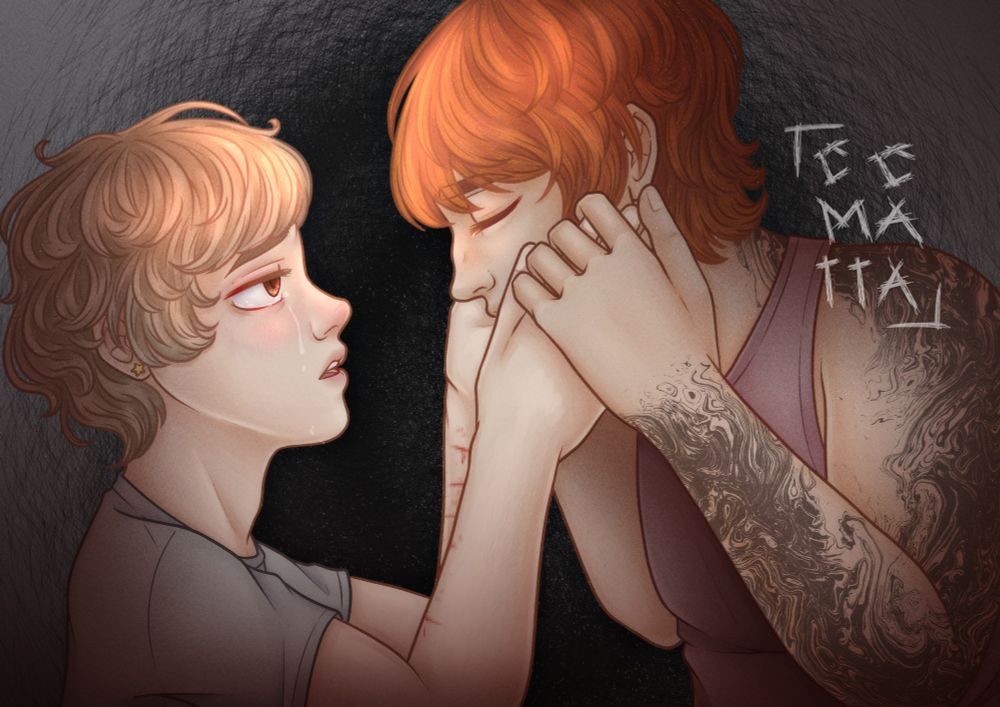 Arte digital dos meus OCs, Natan e Matthew. Estão um de frente pro outro, Nate à esquerda encarando o Matt, chorando com uma expressão quase desesperada. Matt segura ambas as mãos de Natan em seu próprio rosto; ele tem os olhos fechados, quase calmo, o rosto parcialmente escondido pela mão de Nate. Nos antebraços de Natan vemos alguns cortes de automutilação, pixelados. Atrás deles, um circulo preto rabiscado consumindo o plano de fundo. 

Heliotropium, na linguagem Vitoriana das flores, significa: afeto devotado — um apego ou lealdade profunda e inabalável a alguém ou algo, caracterizada por cuidado e comprometimento sinceros.

--

Digital art of my OCs, Natan and Matthew. They are facing each other, Nate on the left staring at Matt, crying with an almost desperate expression. Matt holds both of Natan's hands to his own face; his eyes are closed, almost calm, his face partially hidden by Nate's hand. On Natan's forearms we see some self-harm cuts, pixelated. Behind them, a scribbled black circle consumes the background.

Heliotropium, in the Victorian language of flowers, means: devoted affection — a deep and unwavering attachment or loyalty to someone or something, characterized by sincere care and commitment.