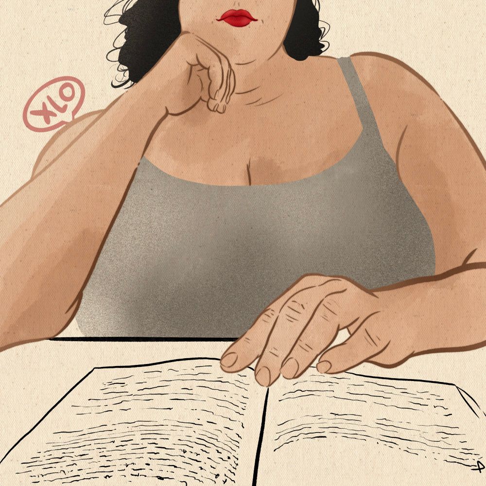 The drawing shows a person sitting at a table reading an open book. The figure is depicted from the chest up, wearing a gray sleeveless top. They have dark wavy hair, bright red lipstick, and are resting their chin lightly on one hand while the other hand holds the book open. The art style is clean and stylized, with bold outlines and soft shading on a textured beige background.