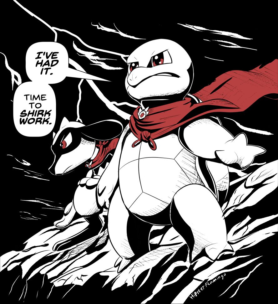 A squirtle and riolu stand menacingly on a cliff in the middle of a storm. The squirtle declares "I've had it. Time to shirk work".