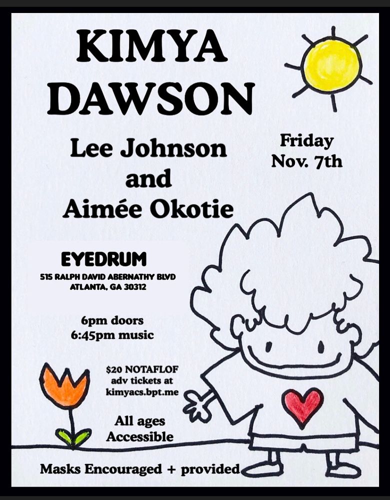 A flyer with a doodle of kimya and the information from the post in black text