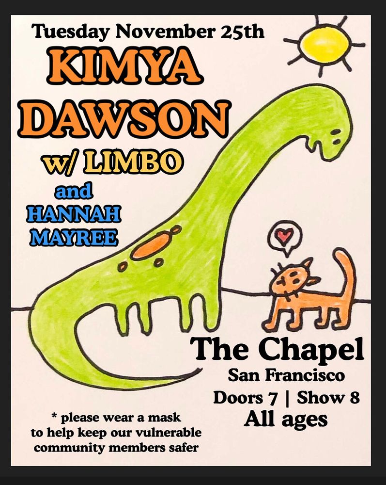 A flyer with a drawing of a green dinosaur and orange cat with all the show info printed