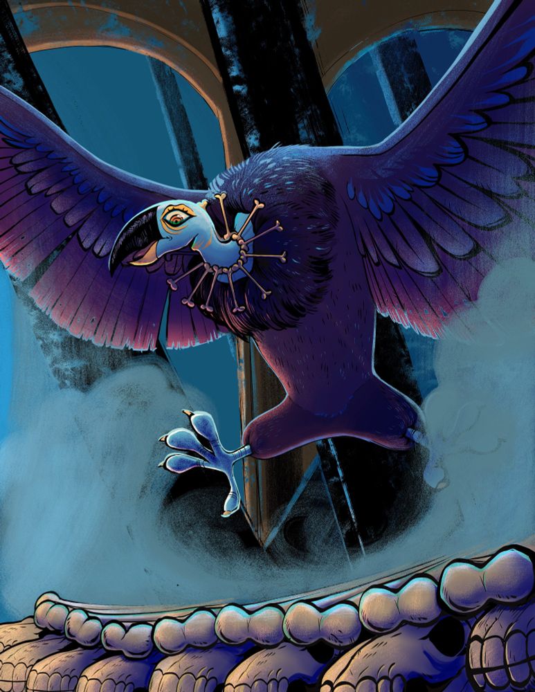 Illustration of a purple and blue vulture hovering over a pile of bones.