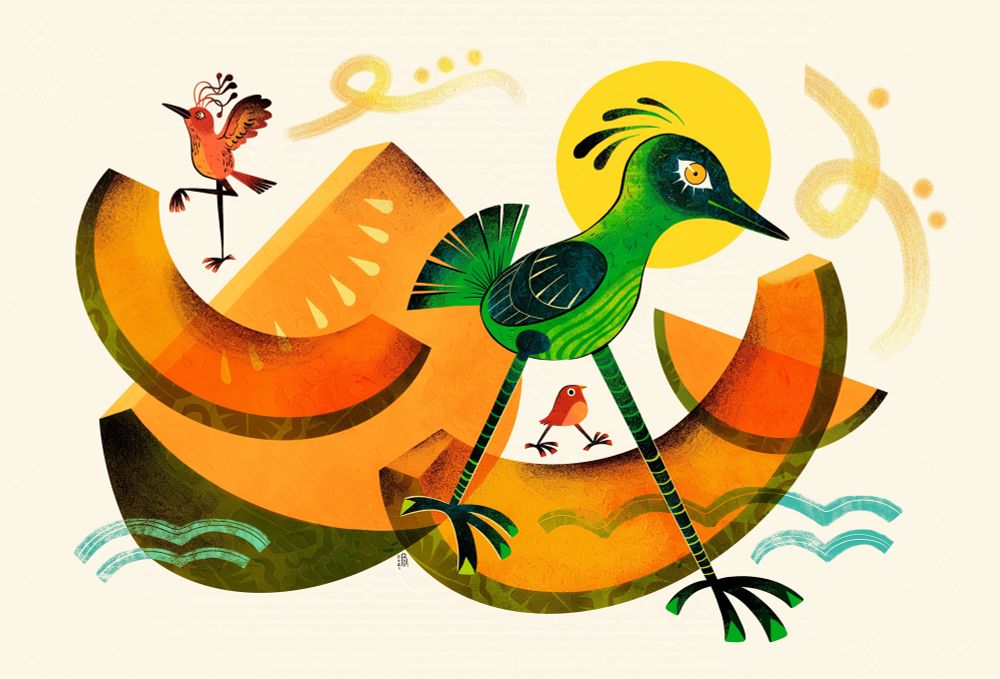Illustration of three birds happily dancing around four cantaloupe slices. The birds are pink, green, and red. Abstract ocean waves and wind surround them.