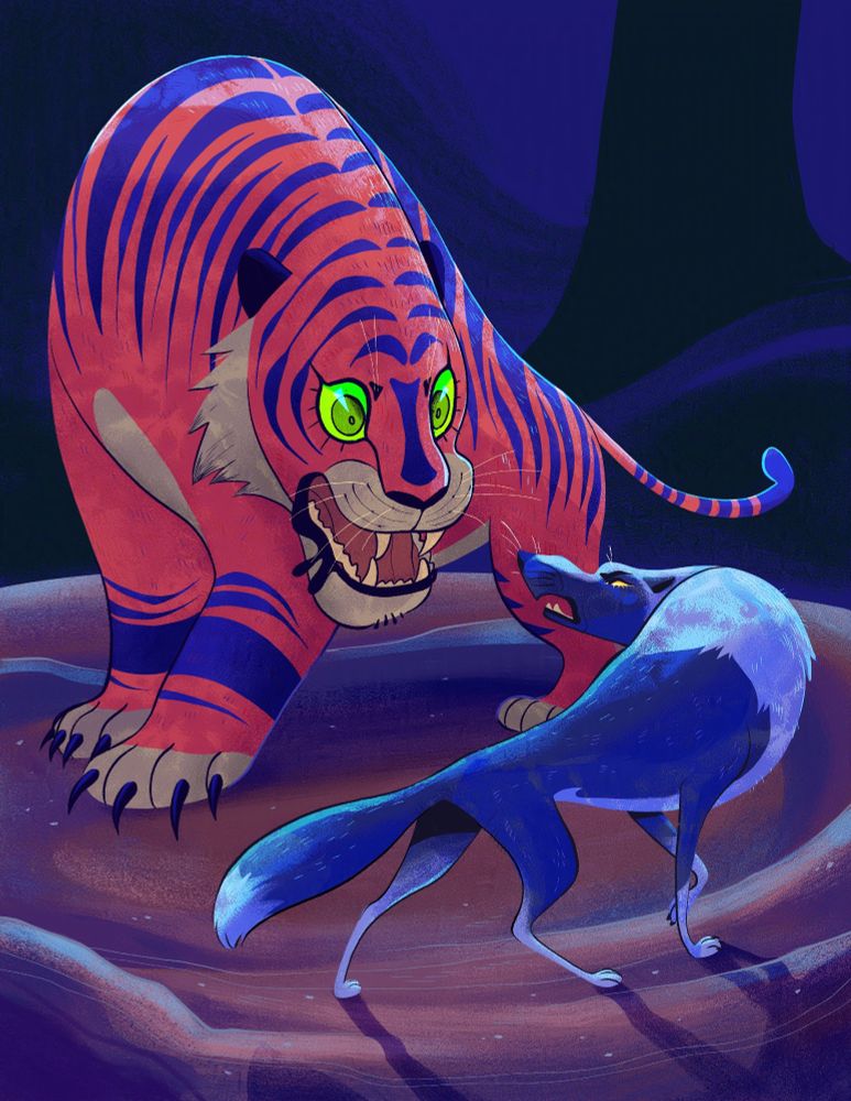 Illustration of a pink tiger with purple stripes towering over a blue wolf in a stand off.
