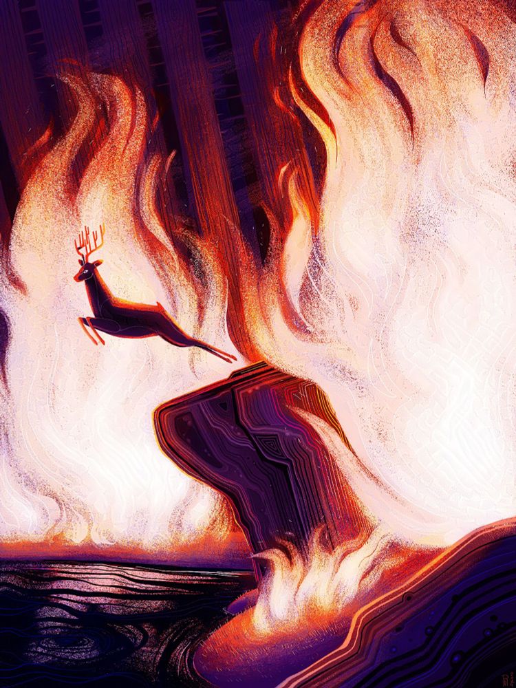 Illustration of Bambi jumping off a rock into the lake below to escape from the forest fire. The colors are purple, black, and red.