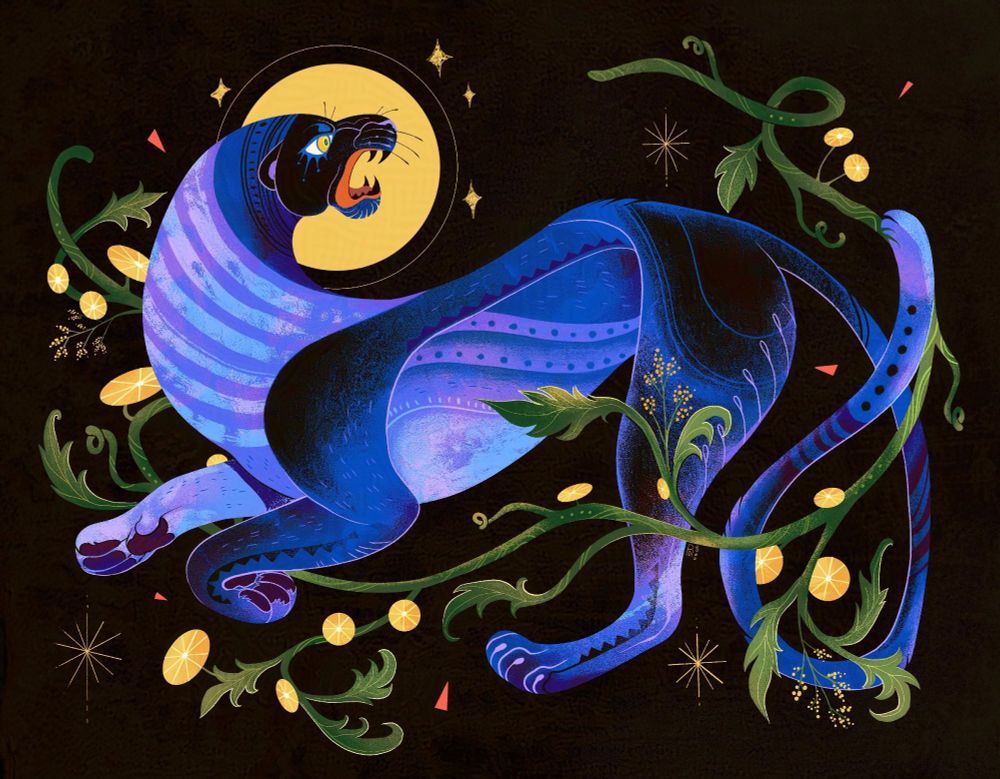 Illustration of a black and purple panther being attacked by pink triangles, as it tries desperately to protect it’s golden flowers.