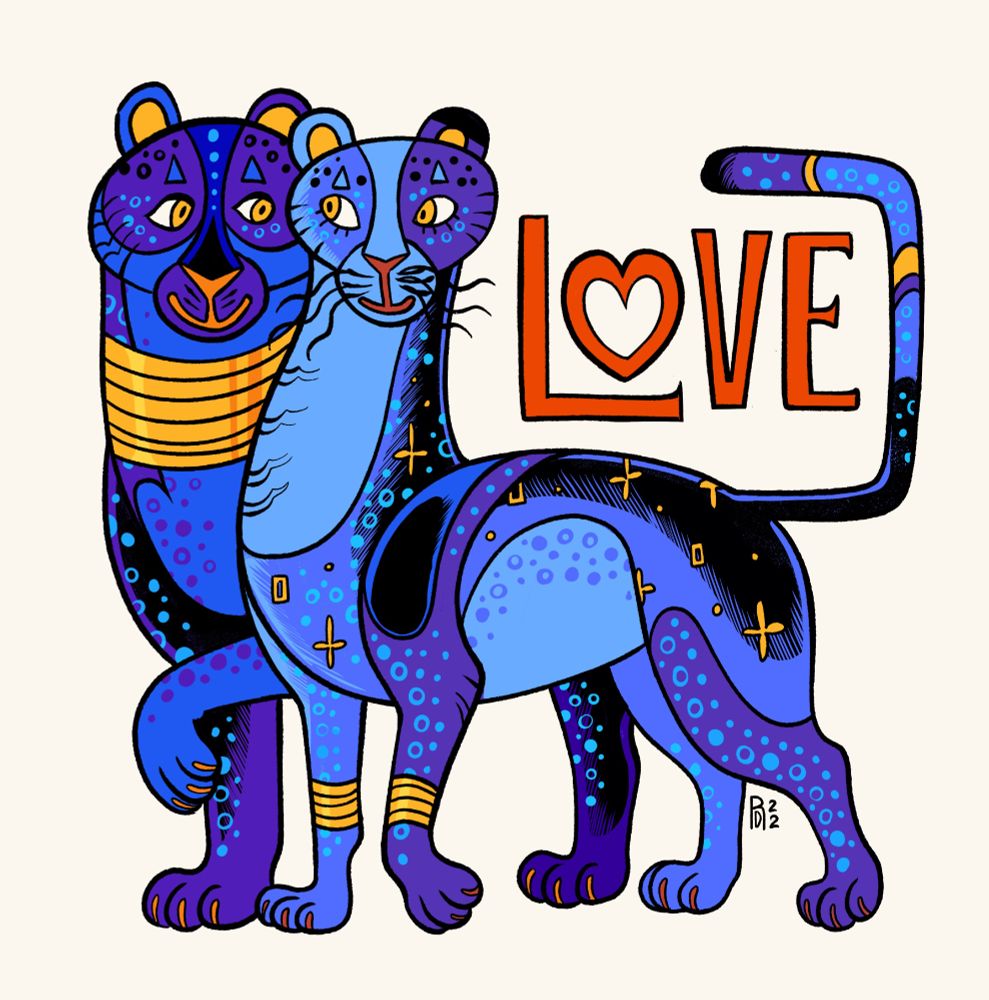 Illustration of blue and purple panther couple with the hand-lettered text reading “LOVE”.