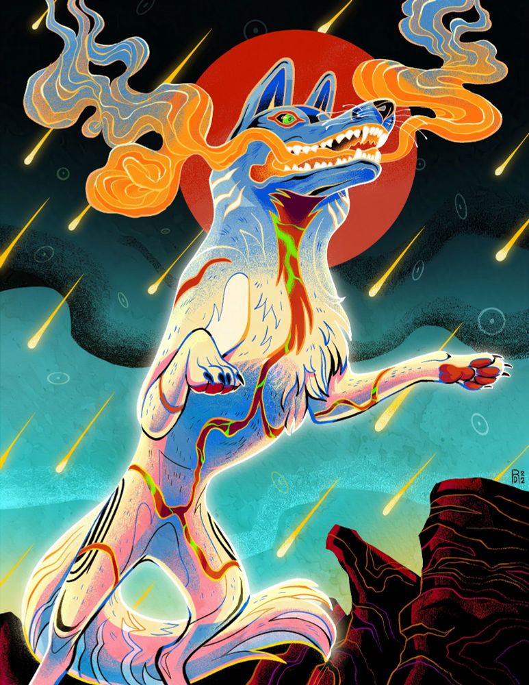 Illustration of a white wolf breathing smoke from out of it’s mouth as a meteor shower rains from the sky. The wolf’s body is covered in red cracks and creases.