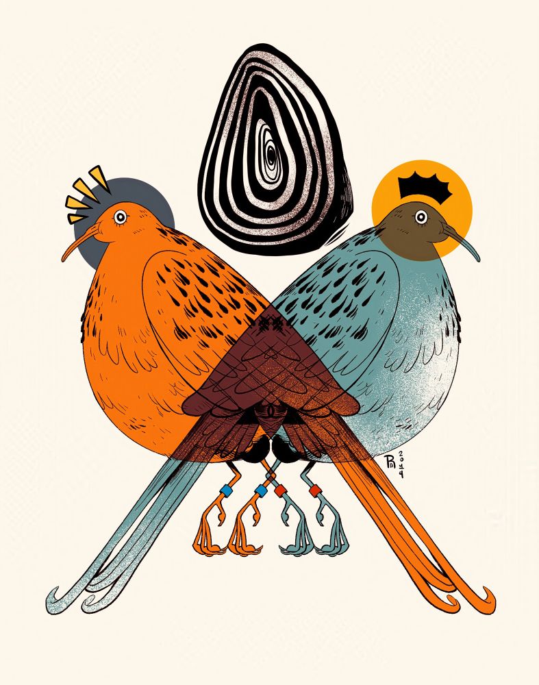 Illustration of two pigeons with their backs facing each other, one is orange and the other is blue. Above the pigeons is a black and white geode cut in half with concentric circles inside.