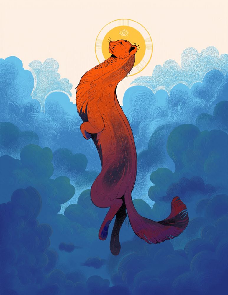 Illustration of an orange weasel levitating up into blue clouds.