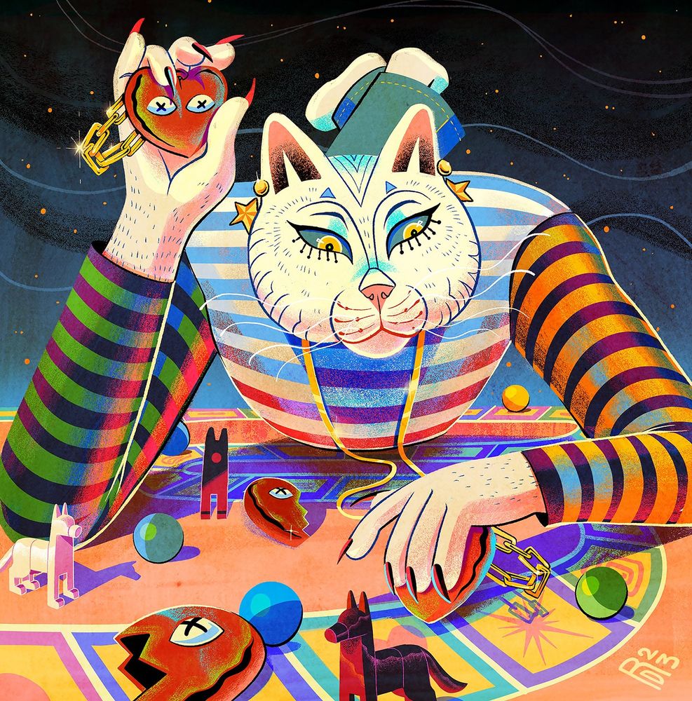 Illustration of a cat playing with board game pieces shaped like dogs and hearts.
