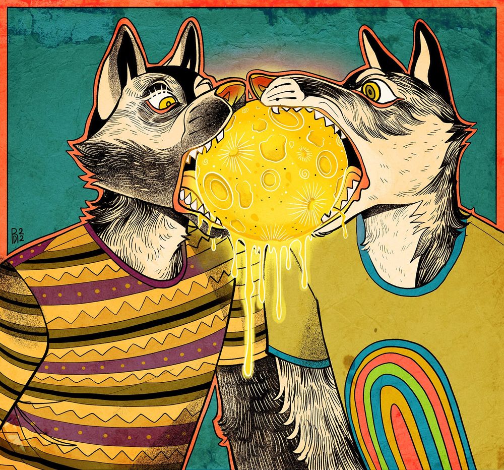 Illustration of two bipedal beige and black wolves biting a yellow full moon together. The moon has a faint glow and is melting.