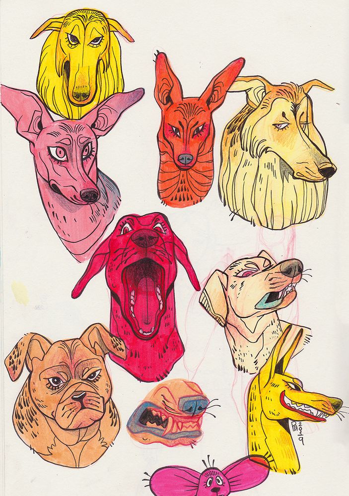 A sketchbook page with nine drawings of varies dogs and canines. There is one pink mouse drawn at the bottom of the page.
