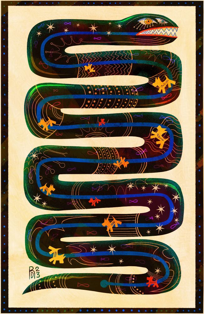 A large black sea serpent swallows multiple mammal creatures then returns to the underwater depths below.