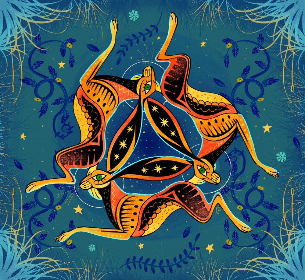 Illustration of three orange rabbits moving in a clockwise motion. Their ears are linked together. Based on the "three hares" motif.