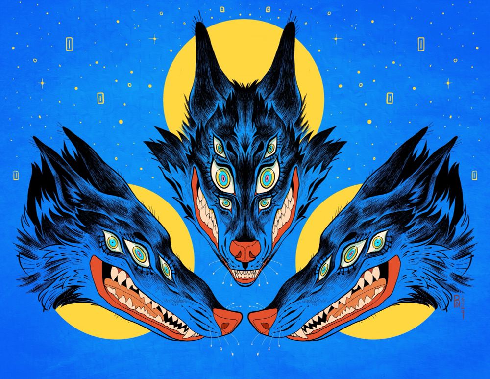 Three blue wolves give a harrowing smile as their multiple eyes rest upon you with a piercing gaze.
