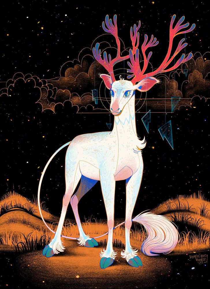 Illustration of a white elk standing under the night stars with shards of glass hanging from it’s pink antlers.