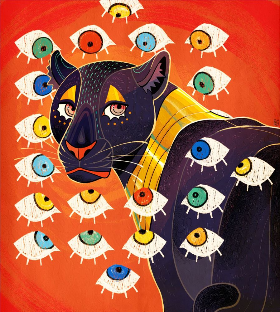 A black panther looks wearily over it’s shoulder, dozens of eyes encircle it’s head with all the pupils looking at the panther.