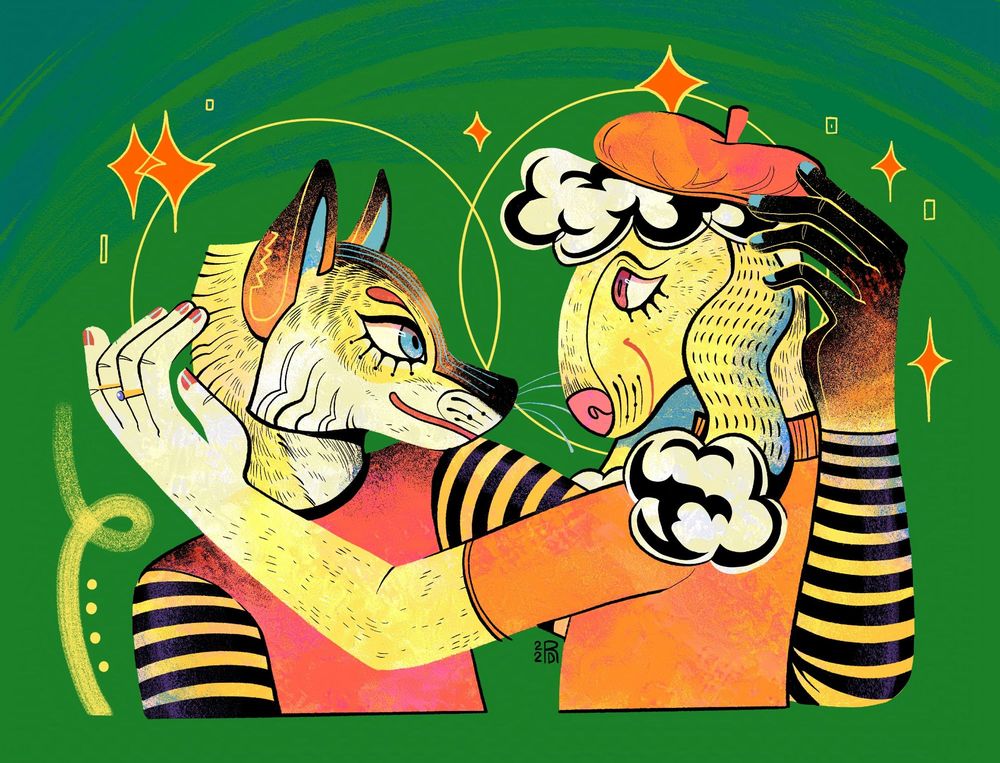 Illustrated portraits of a bipedal fox and Bedlington terrier looking lovingly into each other’s eyes.