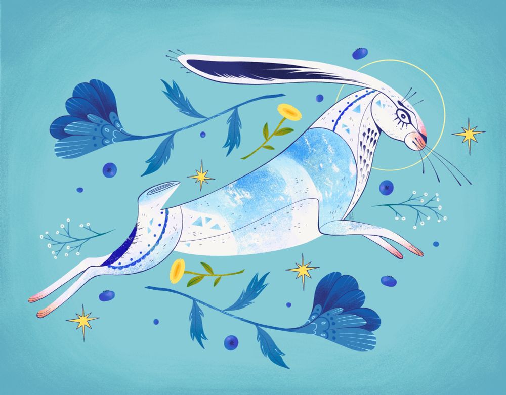 White and blue rabbit surrounded by blueberries, blue flowers, on a blue background. 
