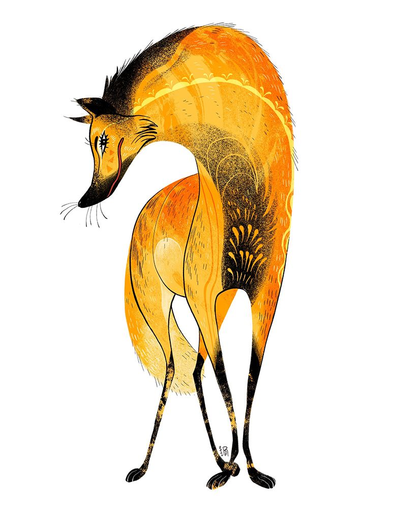 Illustration of a tall orange canine with a black mane, feet, and snout.