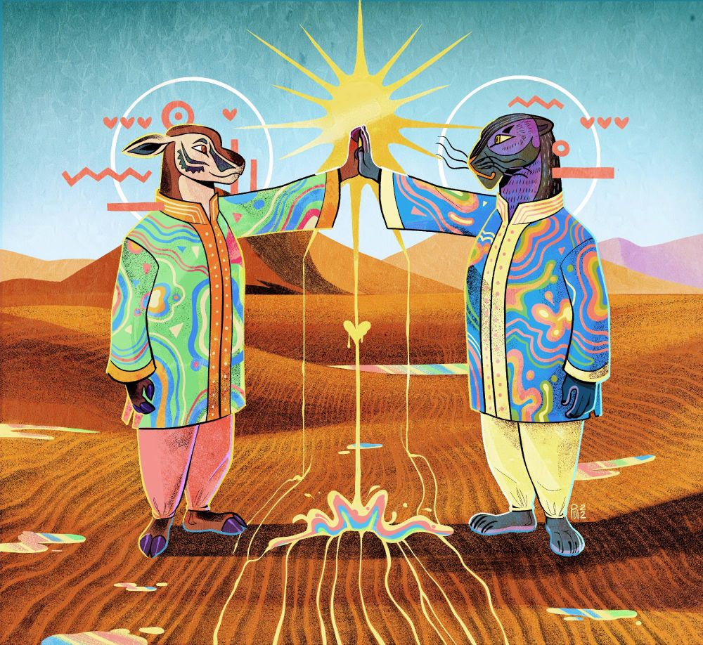 Illustration of a bipedal antelope and panther touching the palm of their left hand together as they stand in the middle of a desert. Both animals are wearing middle eastern style tunics for men.