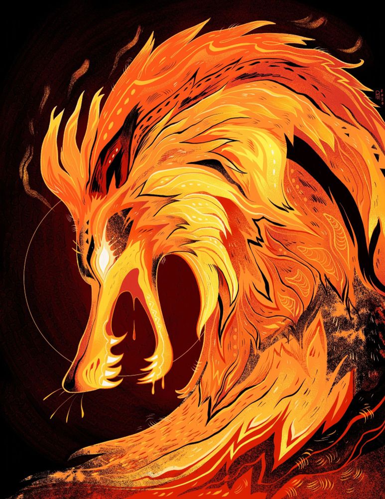 Illustration of an orange and red wolf made of fire, it bares yellow fangs made of flames.