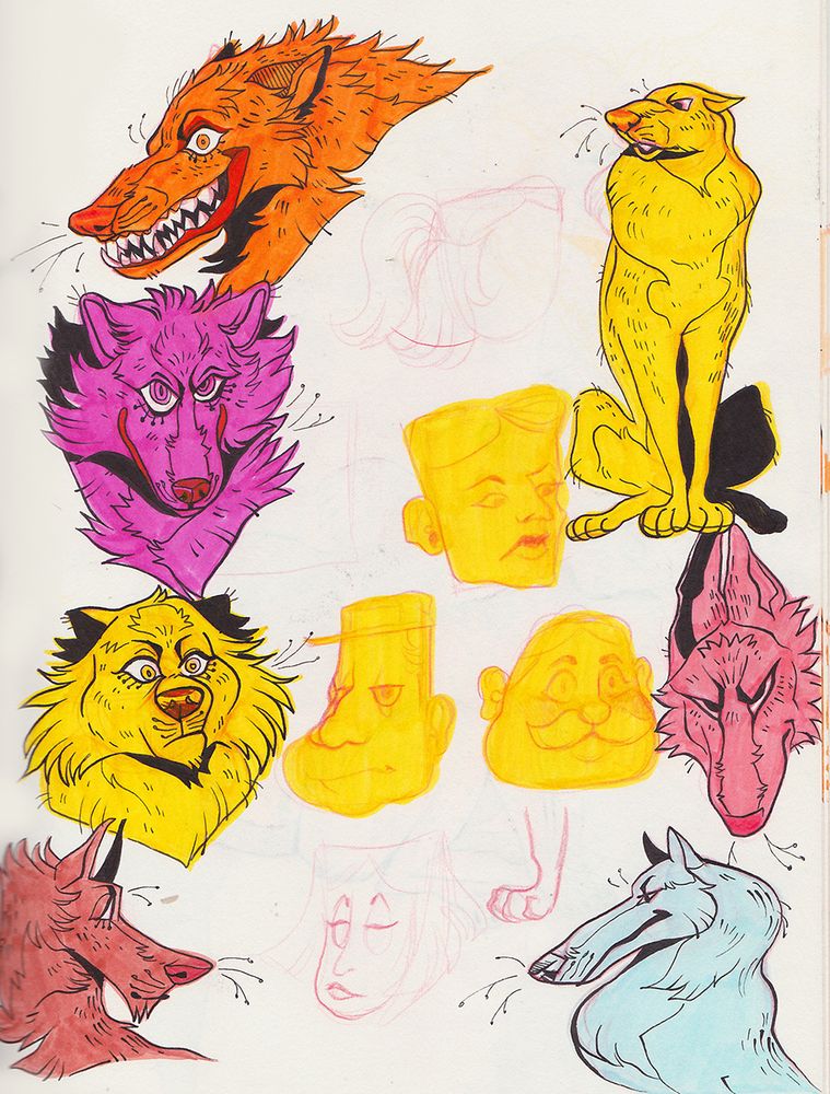 Sketchbook page of seven wolf heads and three men heads.